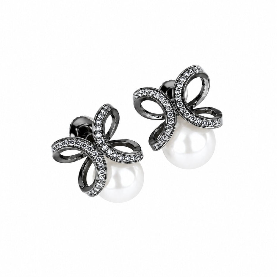 Black Plated Bow Design American Diamond Pearl Stud Earrings