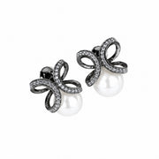 Black Plated Bow Design American Diamond Pearl Stud Earrings