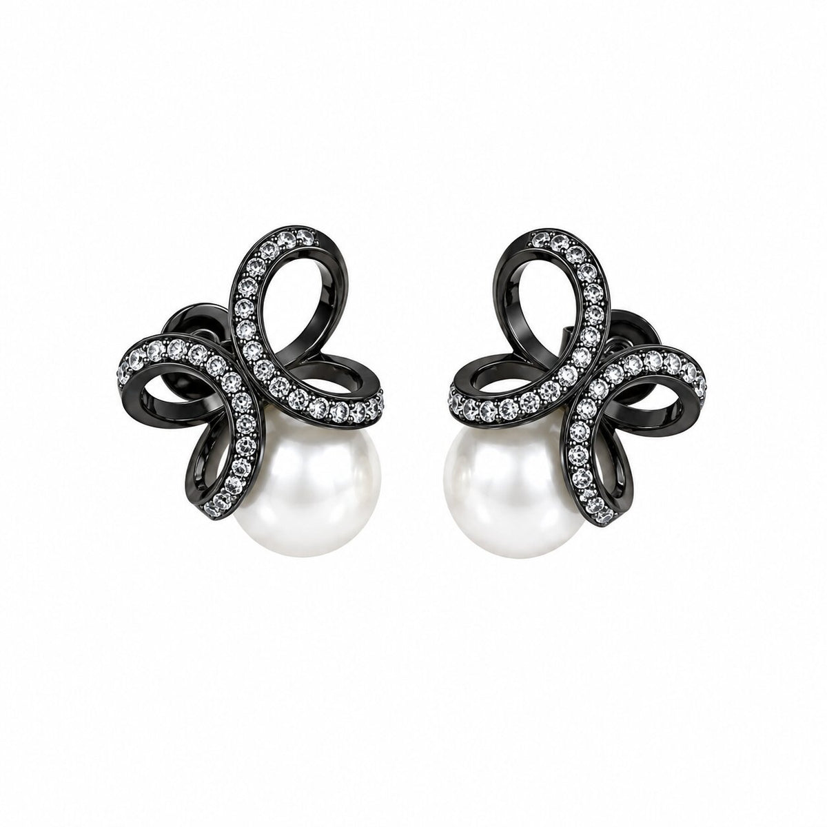 Black Plated Bow Design American Diamond Pearl Stud Earrings