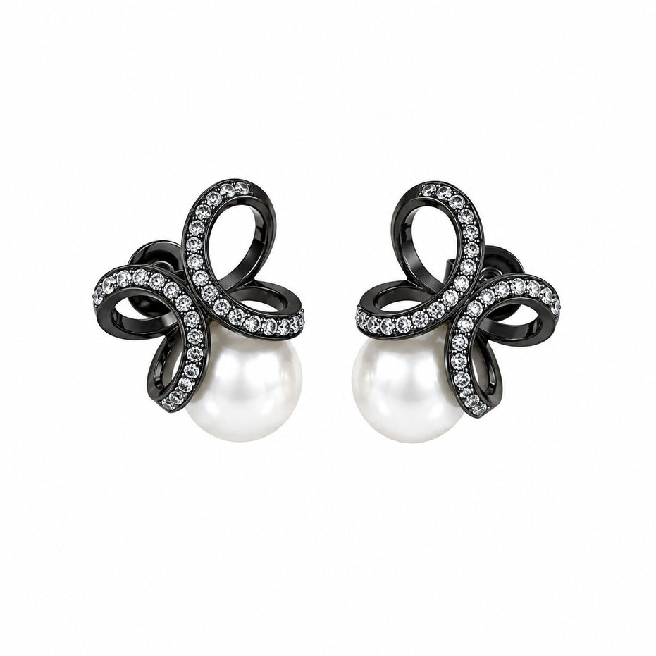Black Plated Bow Design American Diamond Pearl Stud Earrings
