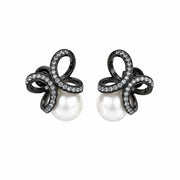 Black Plated Bow Design American Diamond Pearl Stud Earrings