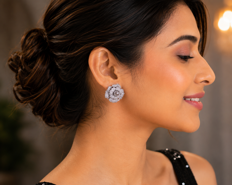 Imperial Crystal Floral Studs in Rhodium