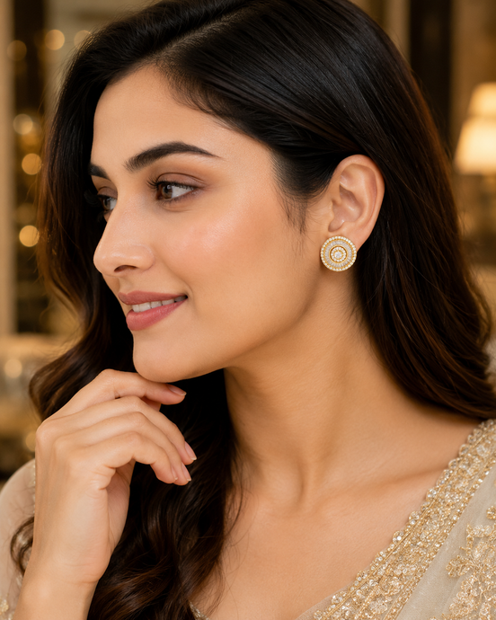 Gold Plated American Diamond Halo Stud Earrings