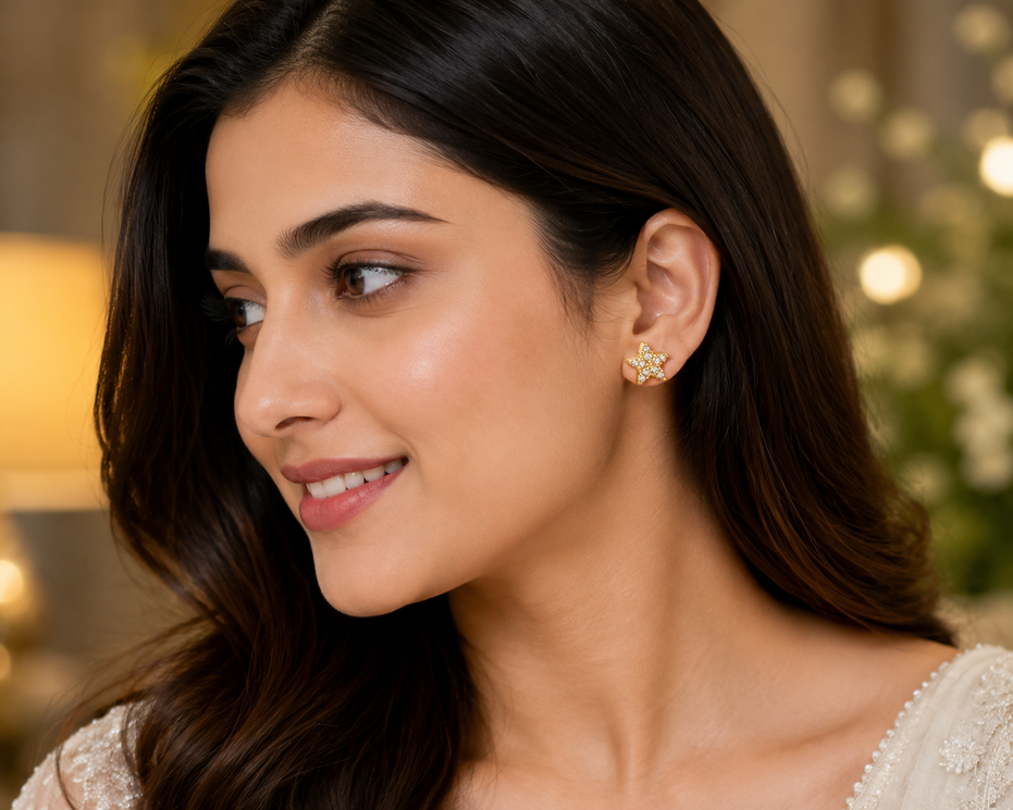 Gold Plated Floral American Diamond Stud Earrings