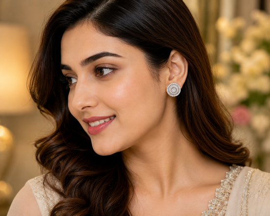 Rhodium Plated Round American Diamond Stud Earrings