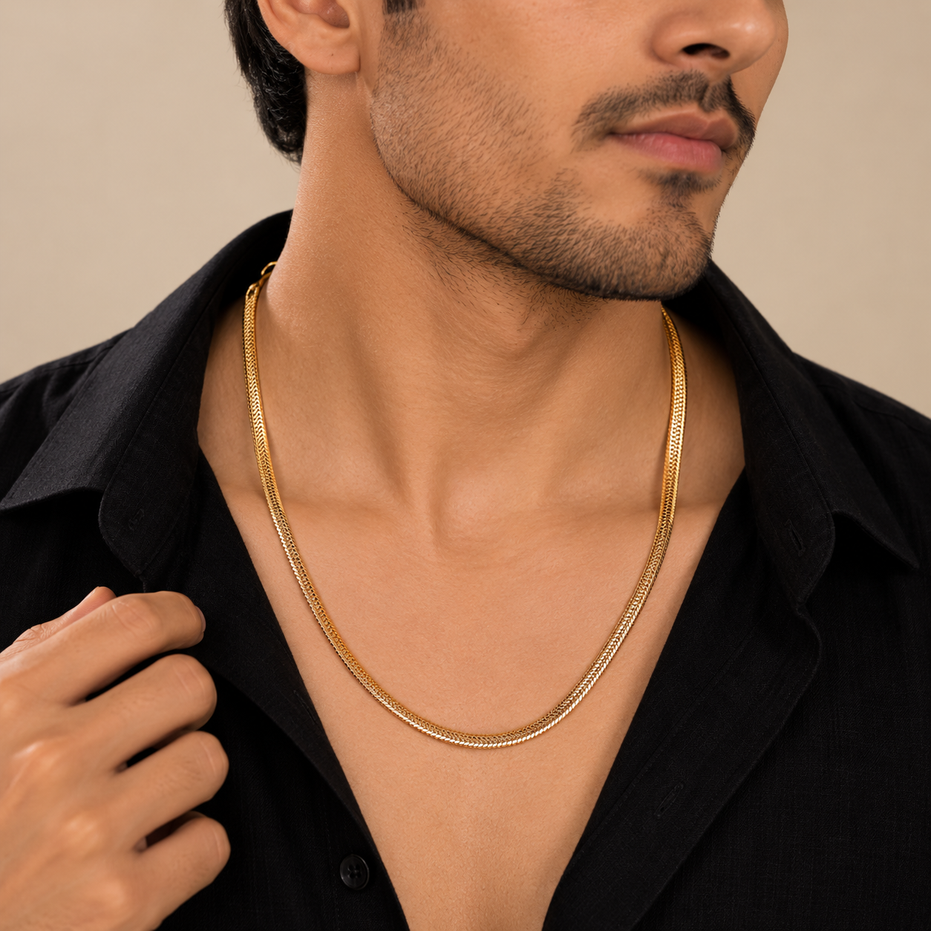 Gold Plated Men's Snake Chain Necklace with Sleek Textured Pattern