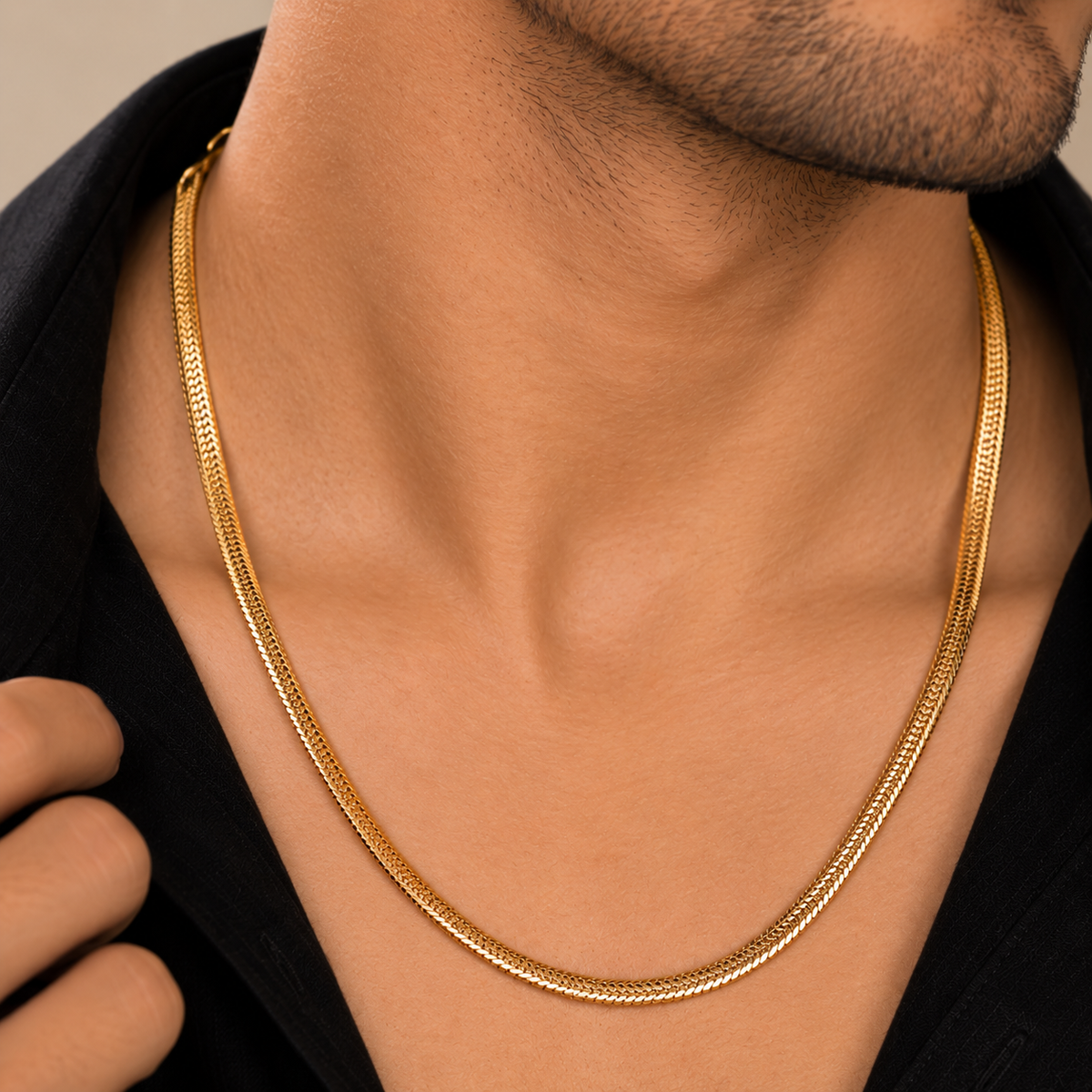 Gold Plated Men's Snake Chain Necklace with Sleek Textured Pattern