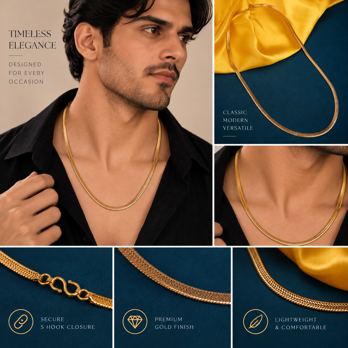 Gold Plated Men's Snake Chain Necklace with Sleek Textured Pattern