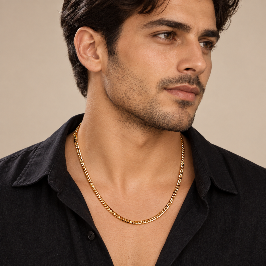 Men's Gold Plated Curb Chain Necklace with Interlocking Link Pattern