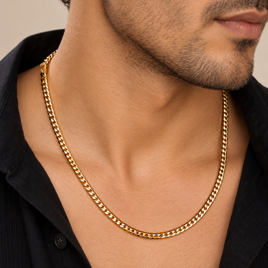 Men's Gold Plated Curb Chain Necklace with Interlocking Link Pattern