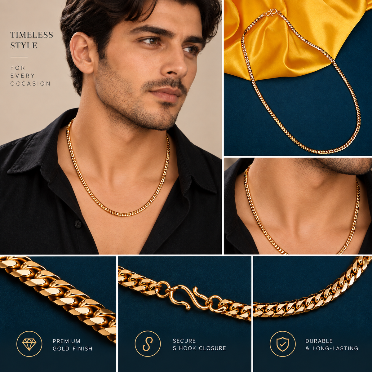 Men's Gold Plated Curb Chain Necklace with Interlocking Link Pattern