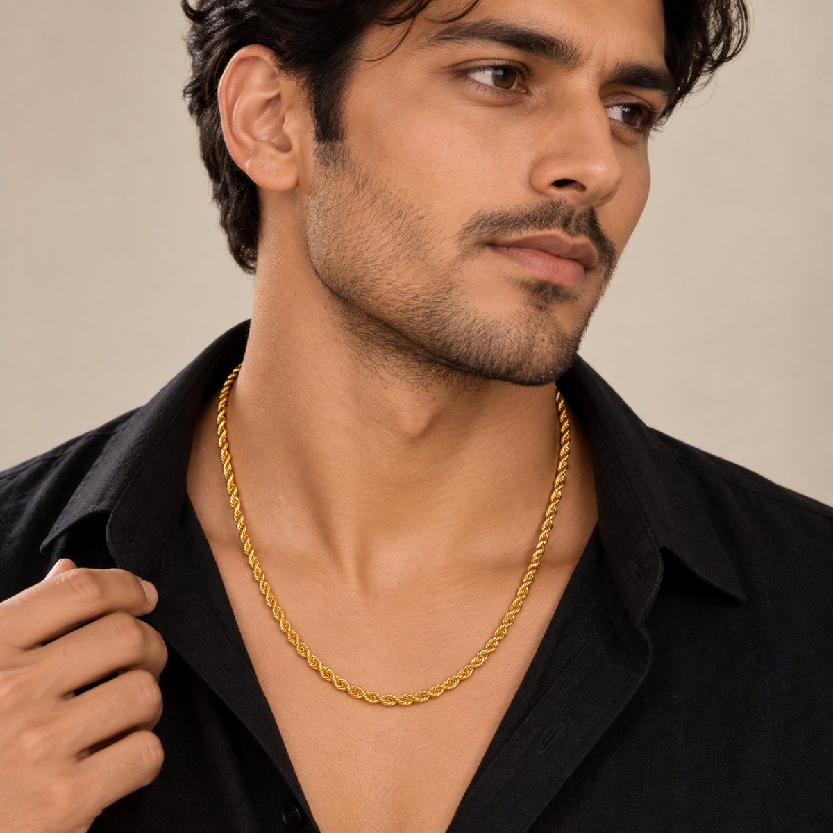 Men's Gold Plated Rope Chain Necklace with Twisted Link Pattern