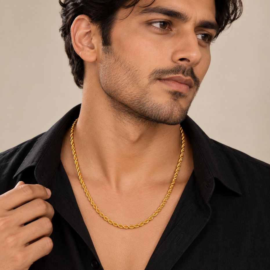 Men's Gold Plated Rope Chain Necklace with Twisted Link Pattern
