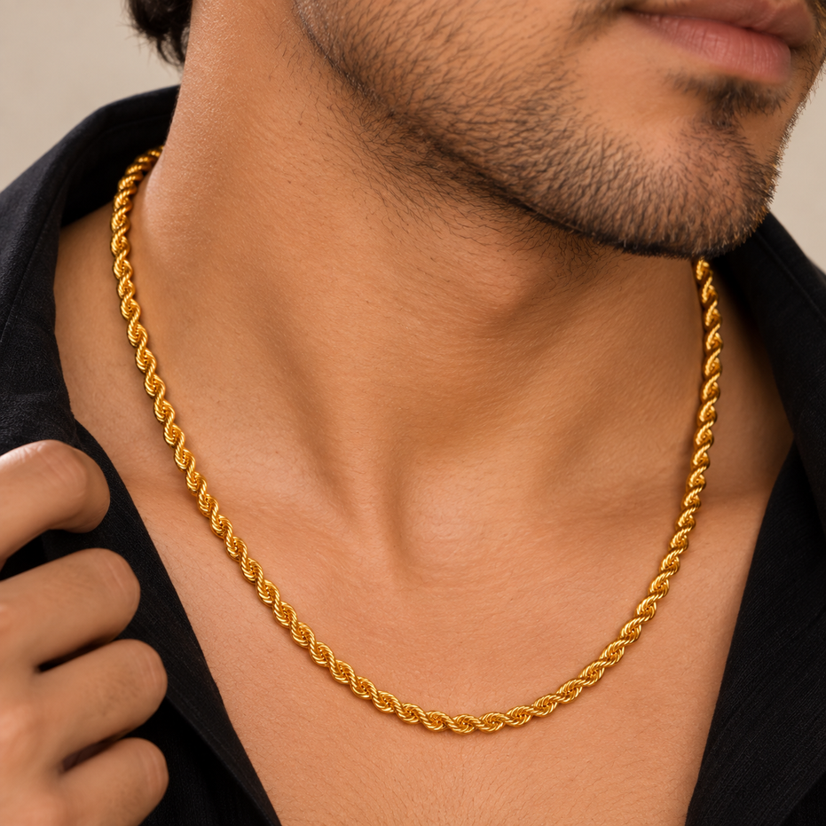 Men's Gold Plated Rope Chain Necklace with Twisted Link Pattern