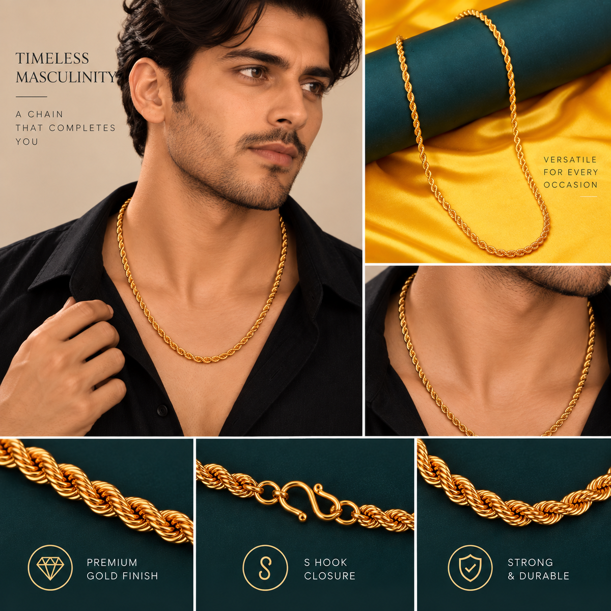 Men's Gold Plated Rope Chain Necklace with Twisted Link Pattern