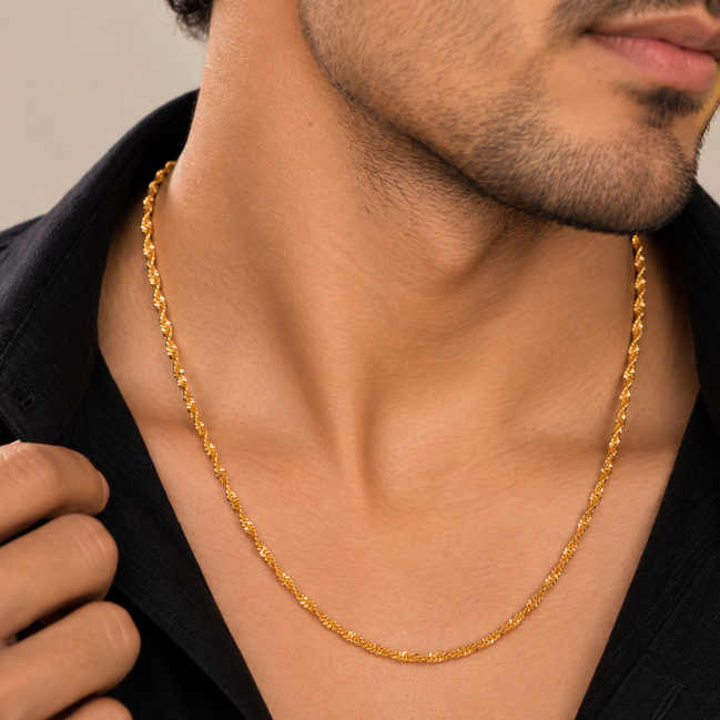 Men's Gold Plated Twisted Rope Chain Necklace with Classic Link Pattern