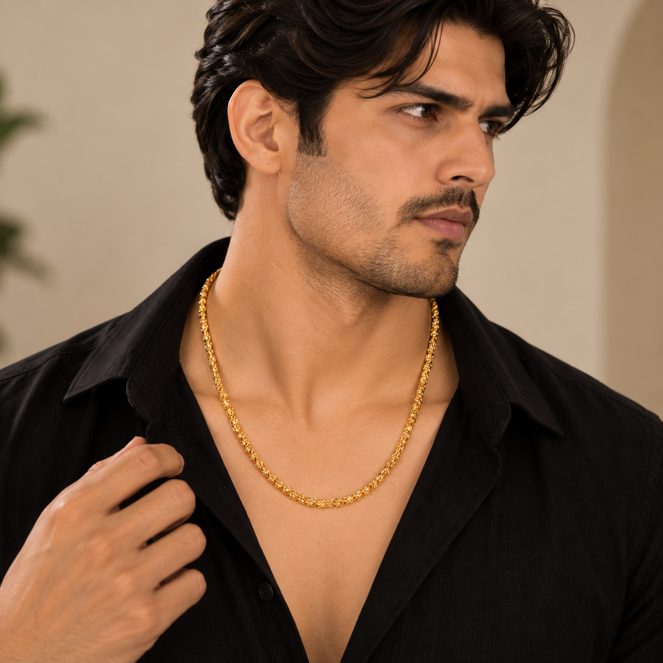 Men's Gold Plated Floral Link Chain Necklace with Elegant Pattern