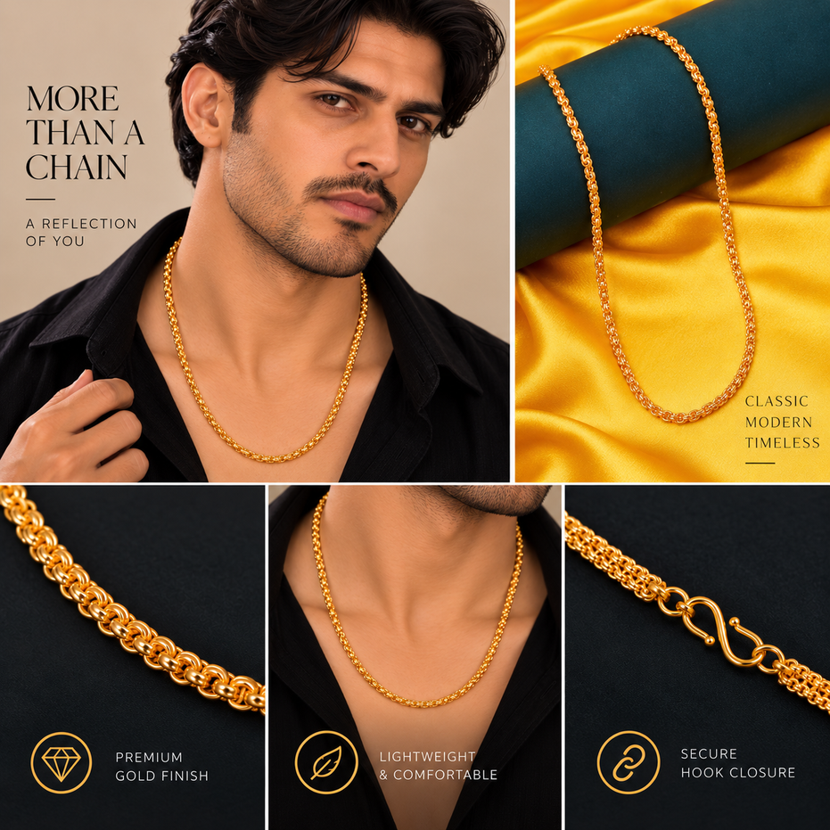 Men's Gold Plated Floral Link Chain Necklace with Elegant Pattern