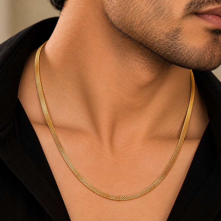 Men's Gold Plated Mesh Chain Necklace with Sleek Woven Link Pattern