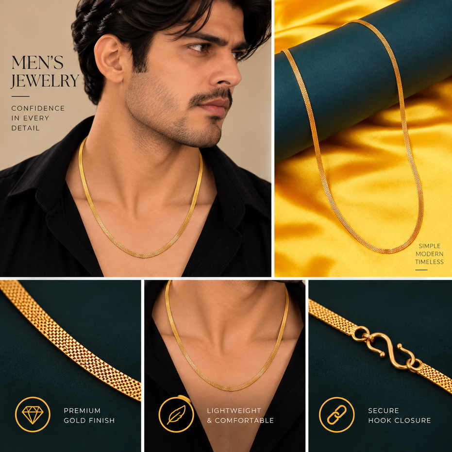 Men's Gold Plated Mesh Chain Necklace with Sleek Woven Link Pattern