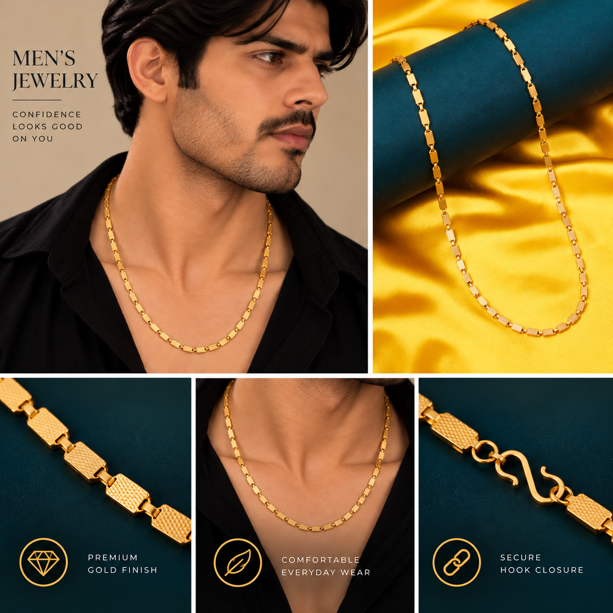 Men's Gold Plated Rectangular Link Chain Necklace with Textured Pattern