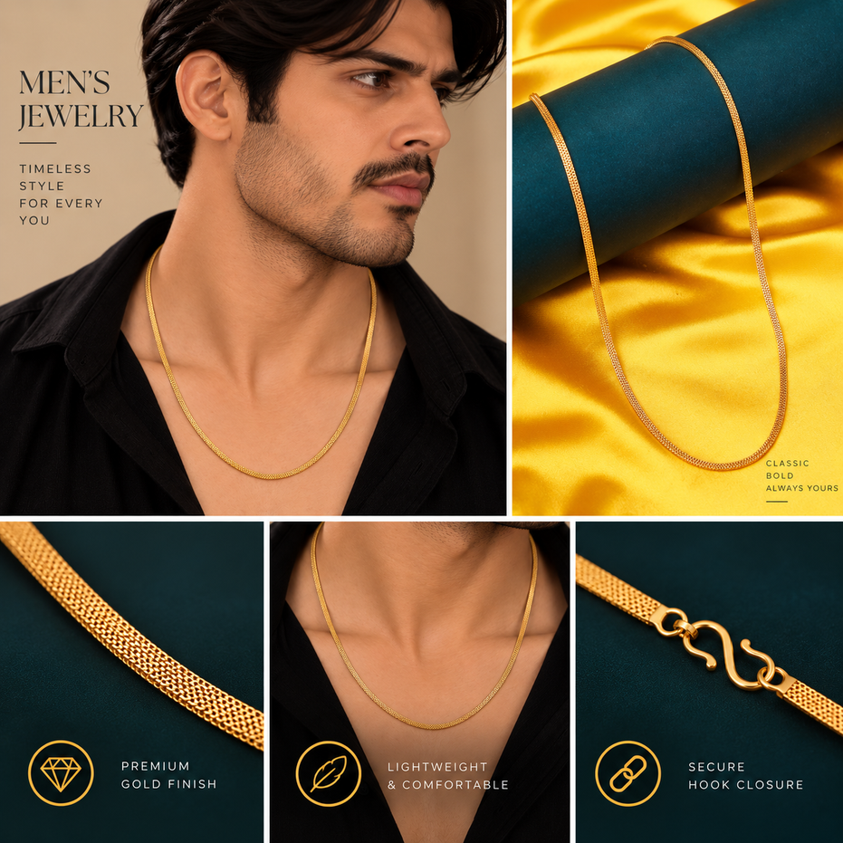 Men's Gold Plated Snake Chain Necklace | Sleek Textured Chain for Daily & Casual Wear
