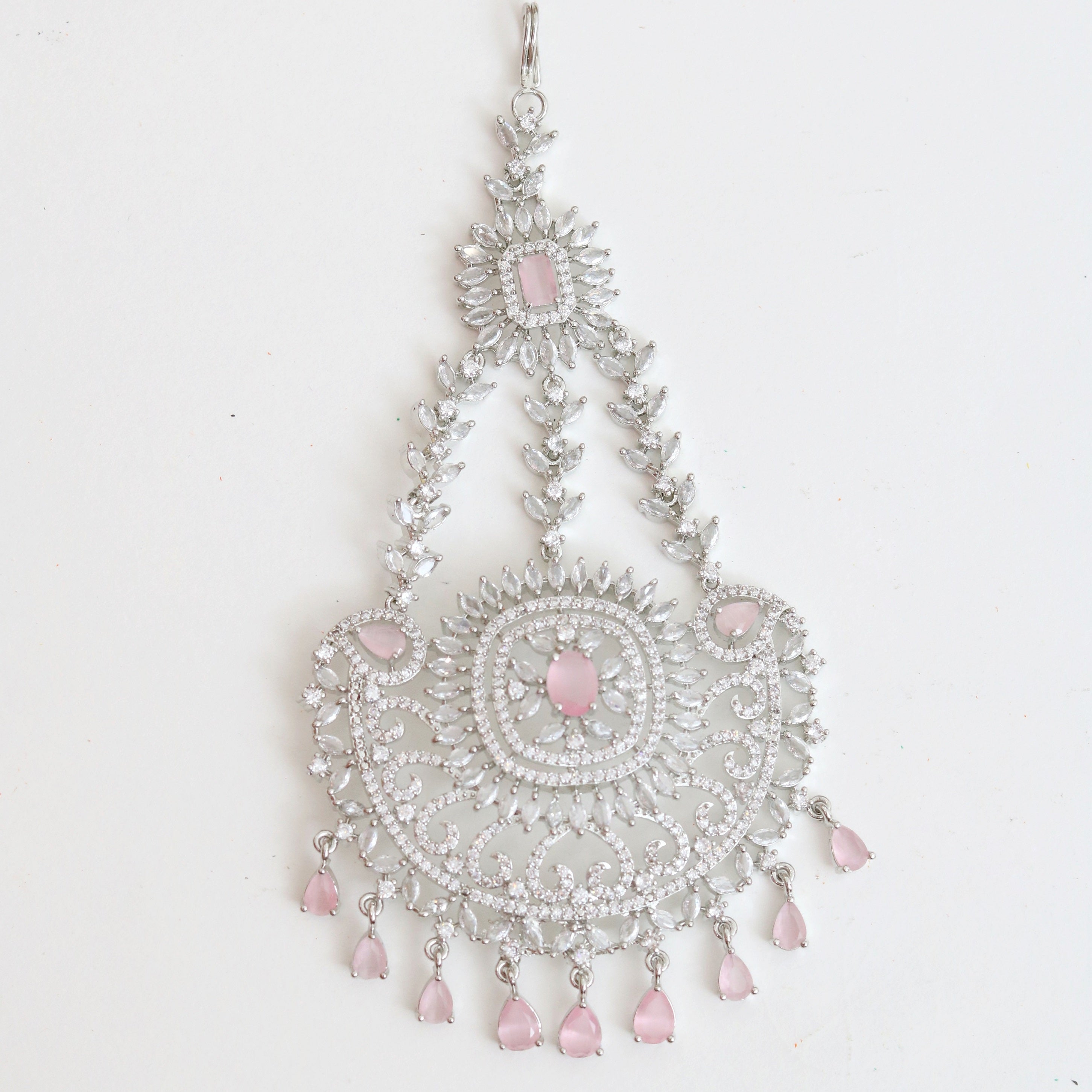 Rhodium Plated Mint Pink American Diamond Bridal Passa