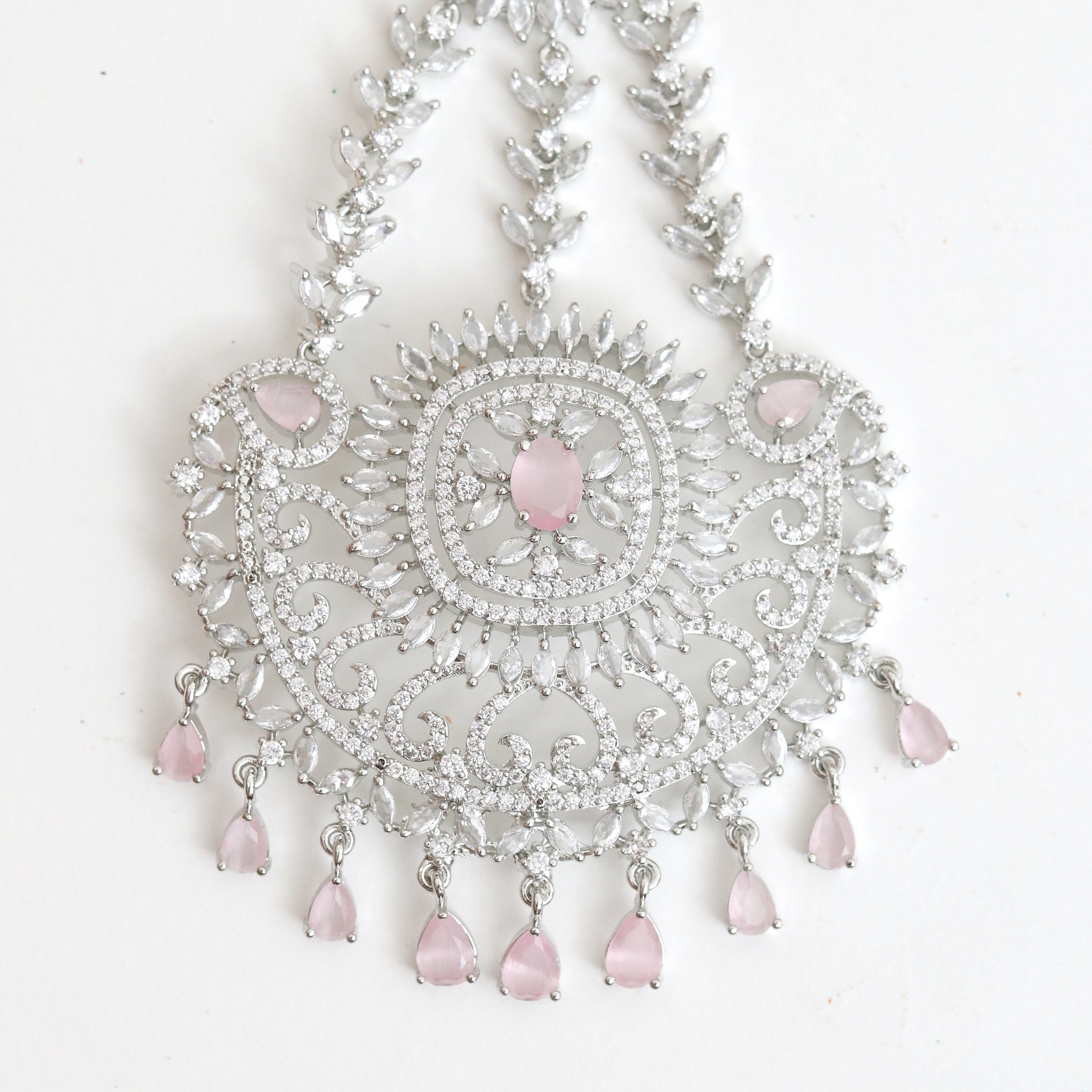 Rhodium Plated Mint Pink American Diamond Bridal Passa