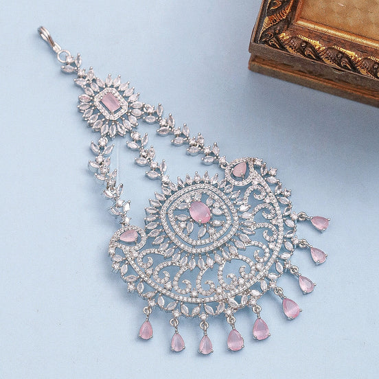 Rhodium Plated Mint Pink American Diamond Bridal Passa