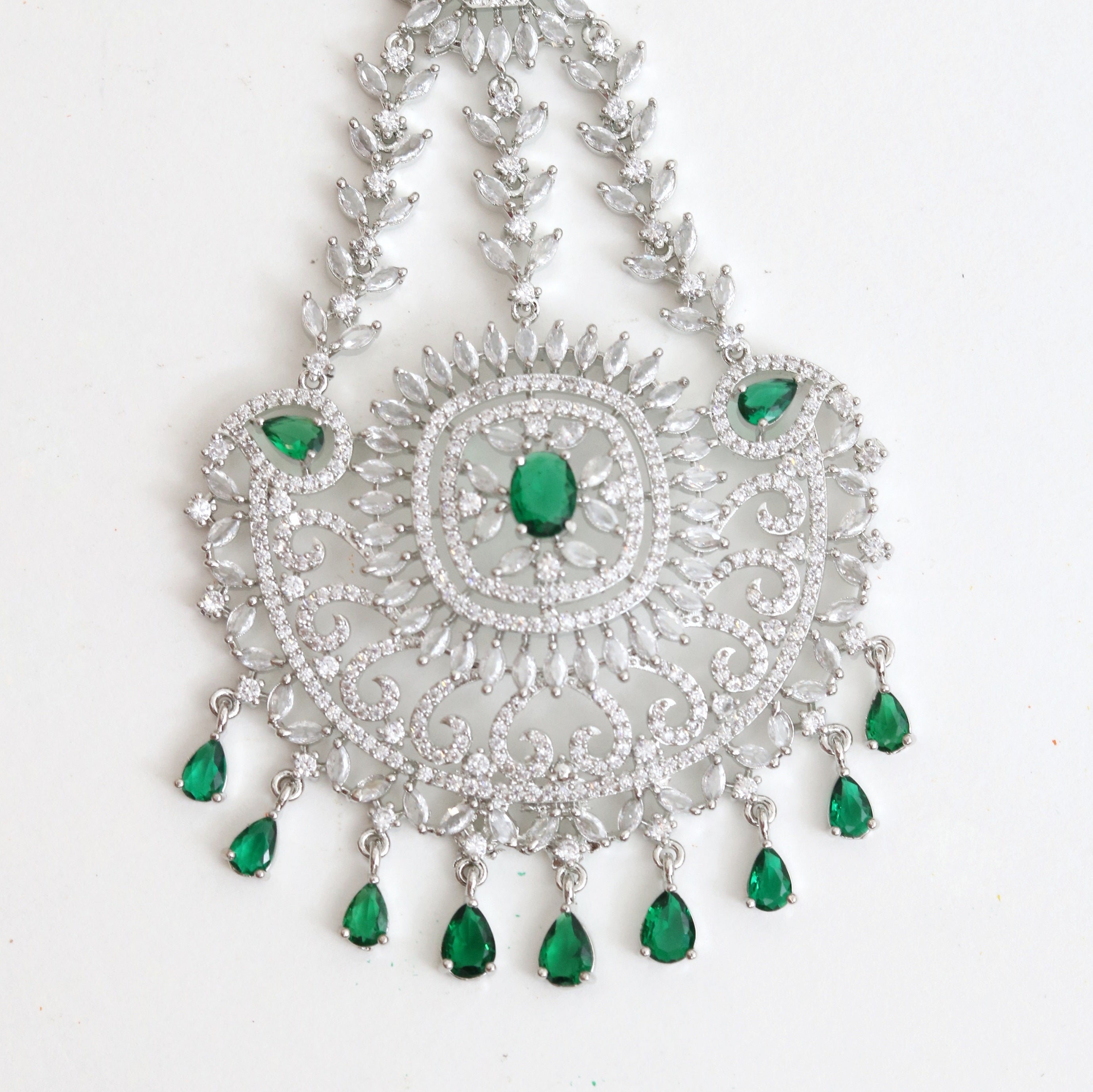 Rhodium Plated Crystal Green American Diamond Bridal Passa