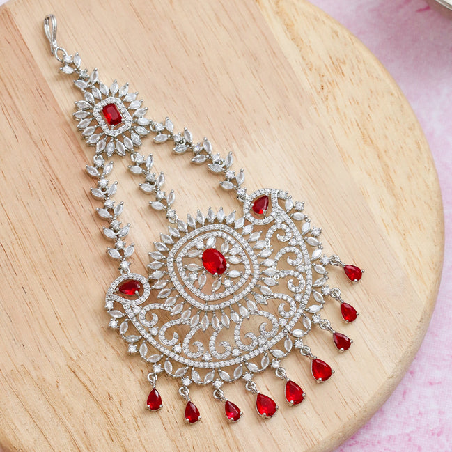 Rhodium Plated Ruby Red American Diamond Bridal Passa