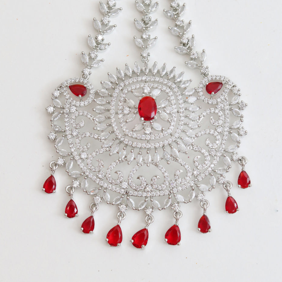 Rhodium Plated Ruby Red American Diamond Bridal Passa