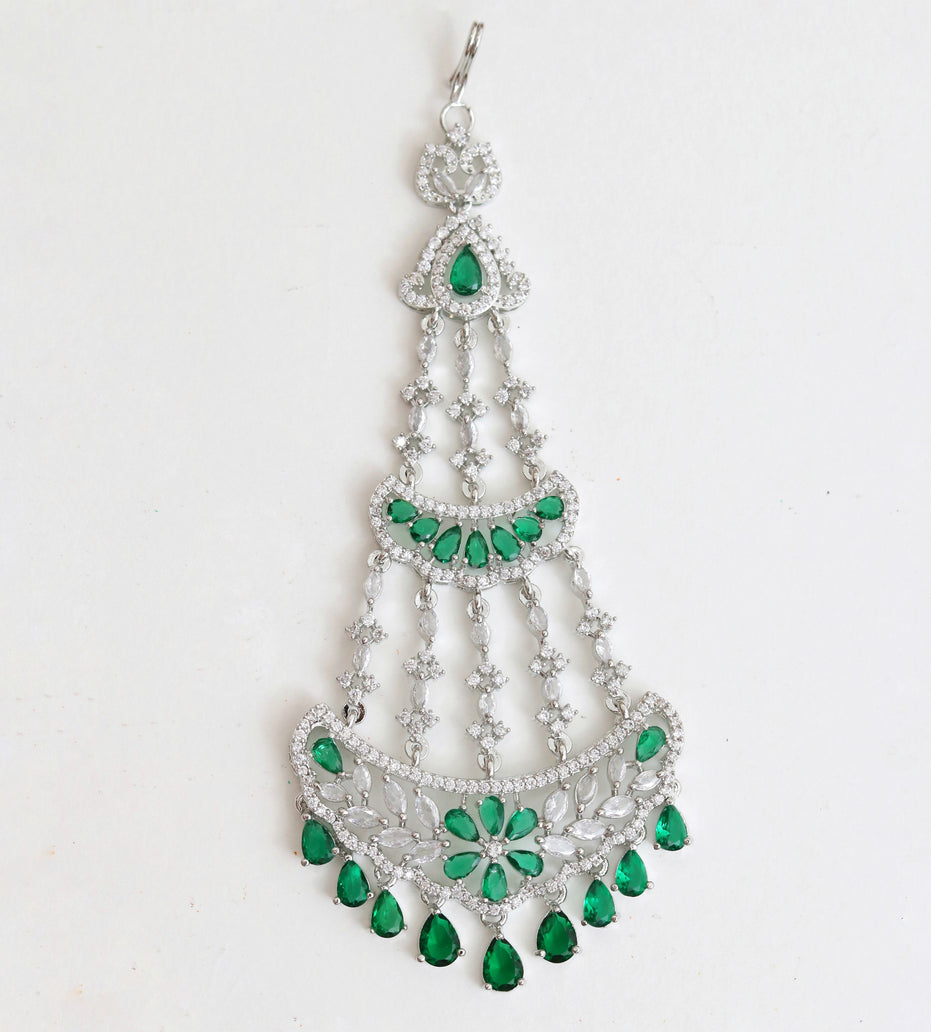 Traditional CZ Crystal Green Stone Studded Bridal Passa