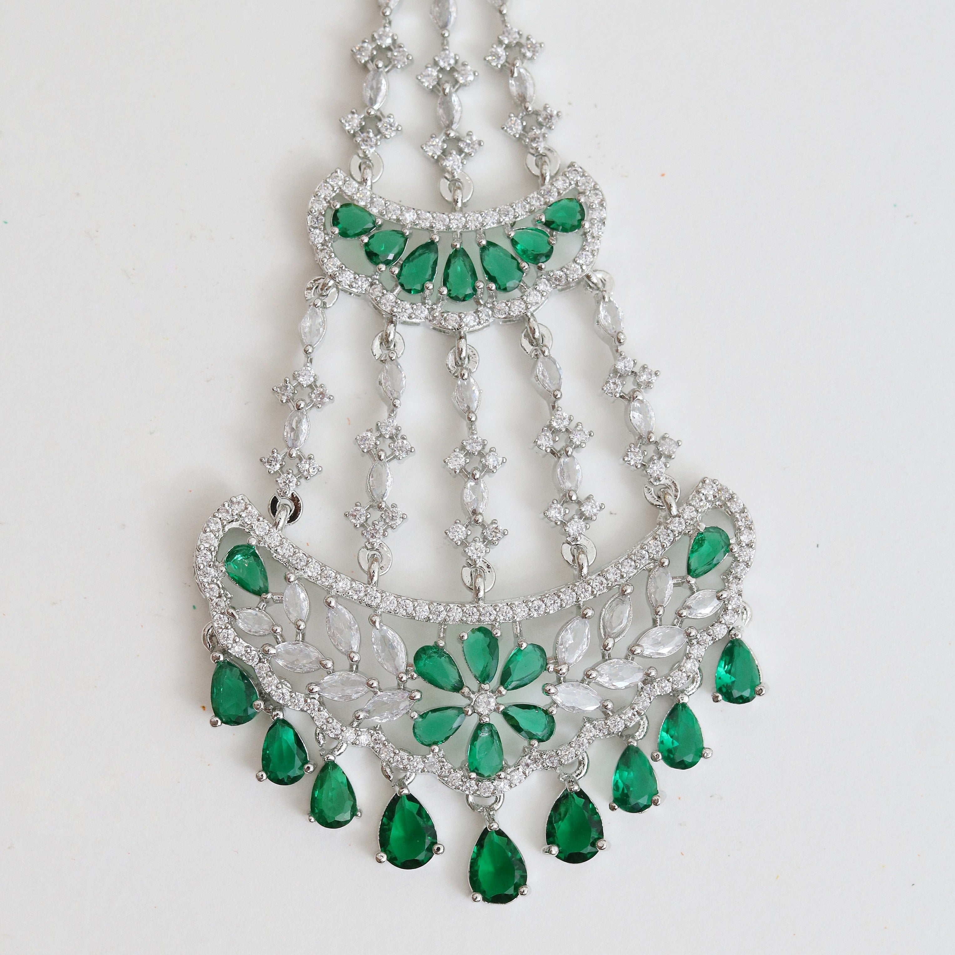 Traditional CZ Crystal Green Stone Studded Bridal Passa