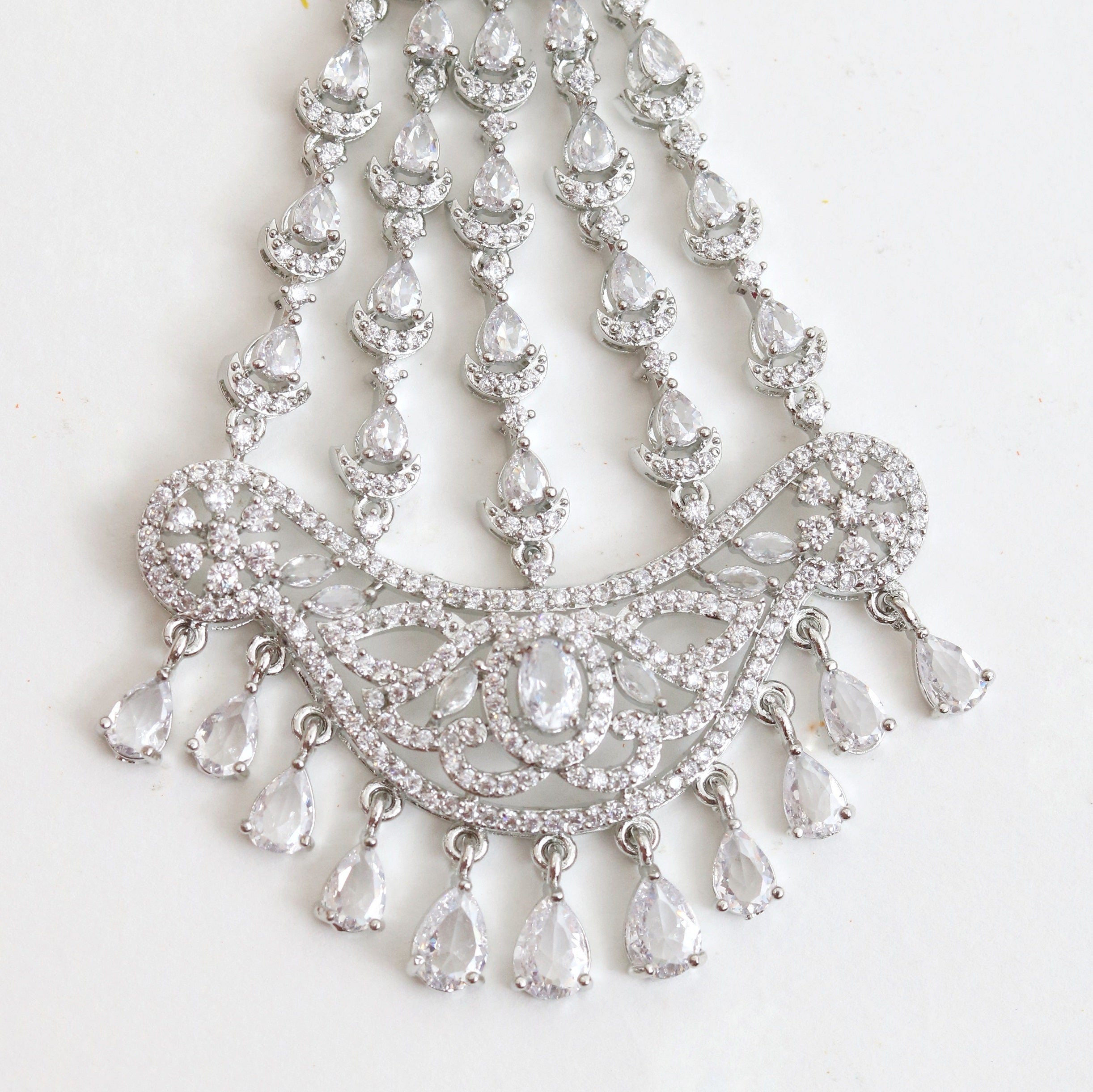Rhodium-Plated American Diamond Cascading Bridal Passa
