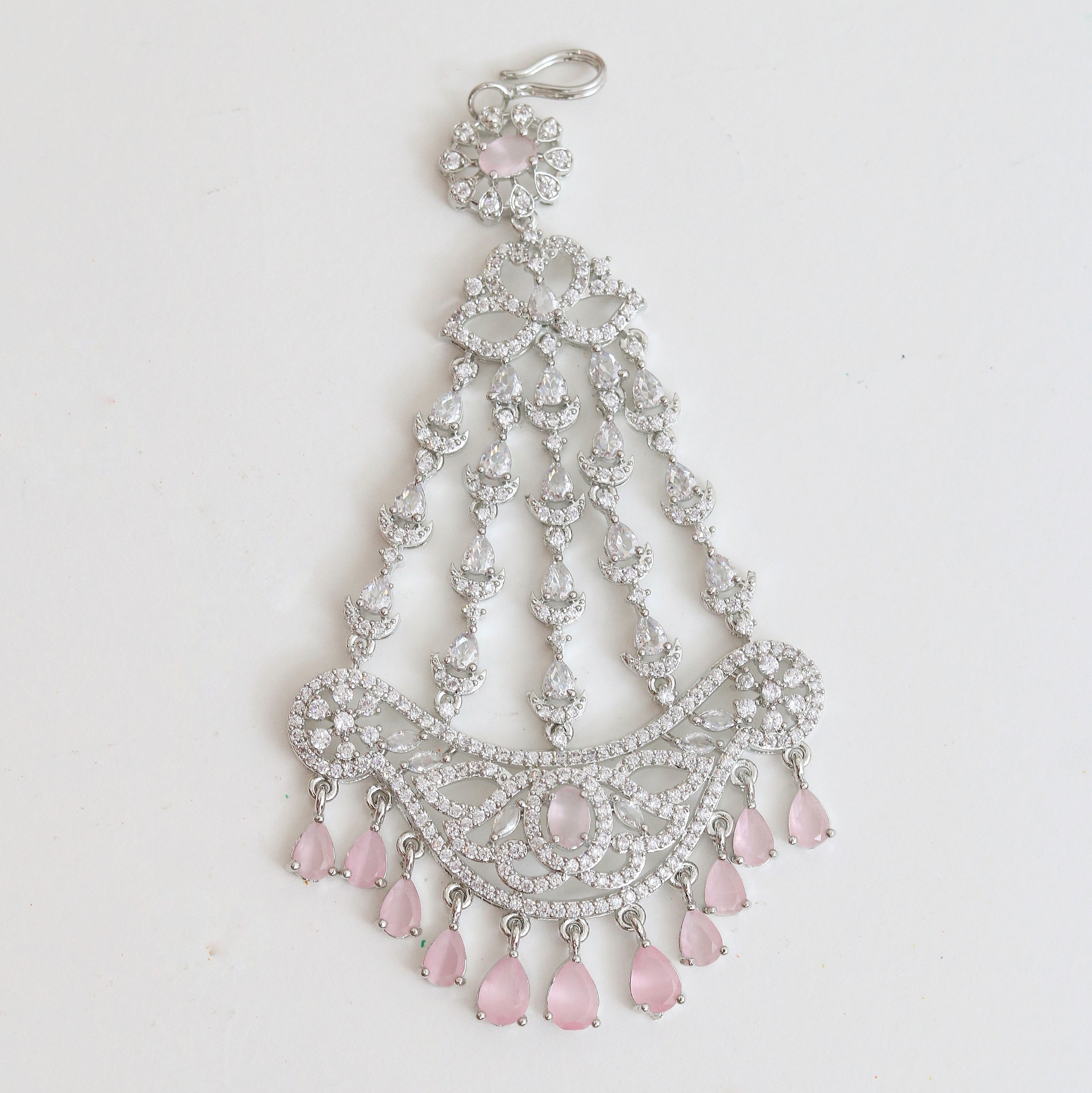 Rhodium-Plated American Diamond Cascading Maang Tikka