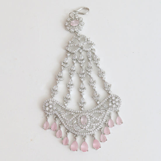 Rhodium-Plated American Diamond Cascading Maang Tikka