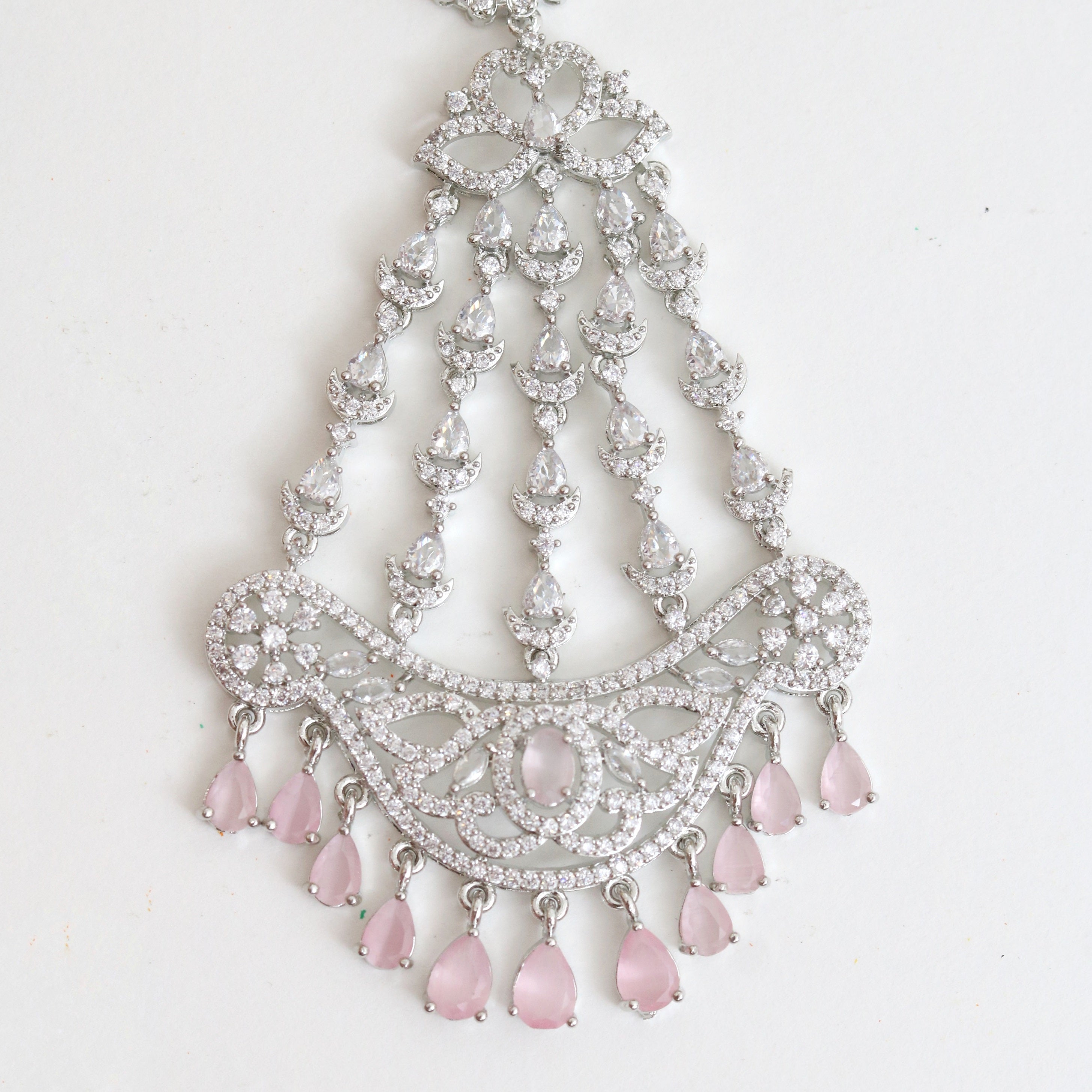Rhodium-Plated American Diamond Cascading Maang Tikka