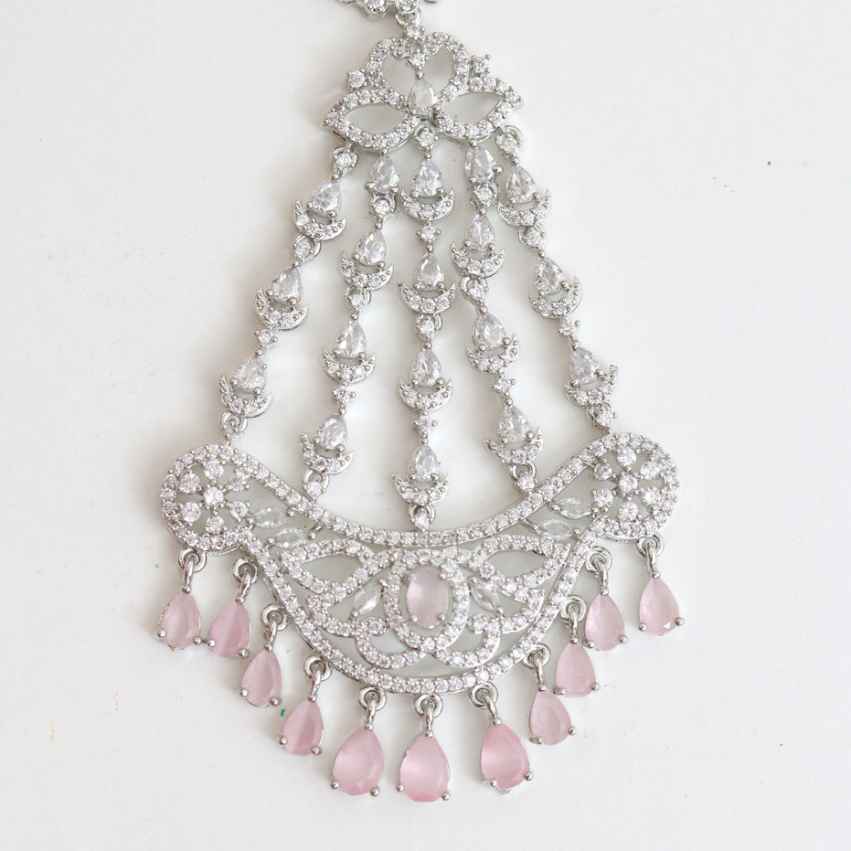 Rhodium-Plated American Diamond Cascading Maang Tikka