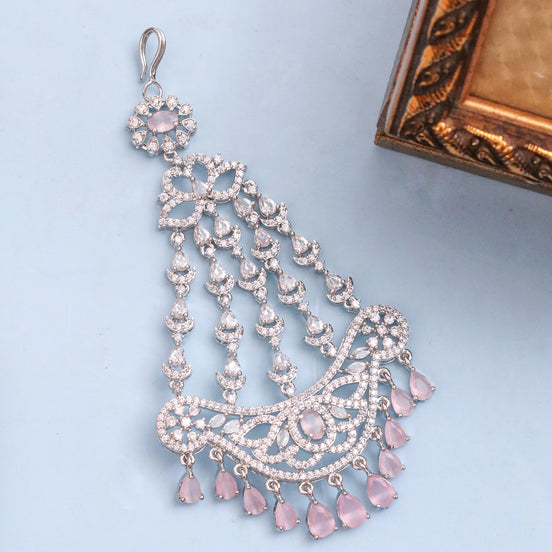 Rhodium-Plated American Diamond Cascading Maang Tikka