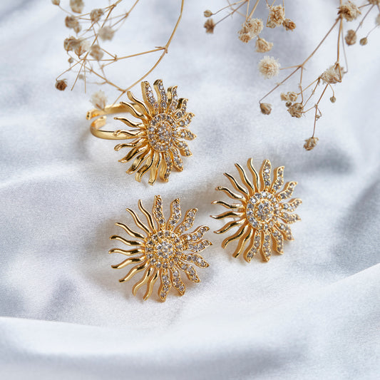 Gold Plated Sun Flare Ring & Studs Combo Set (Pack of 2)