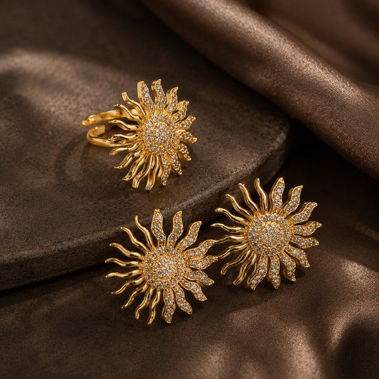 Gold Plated Sunburst American Diamond Jewelry Set (Pack of 2)
