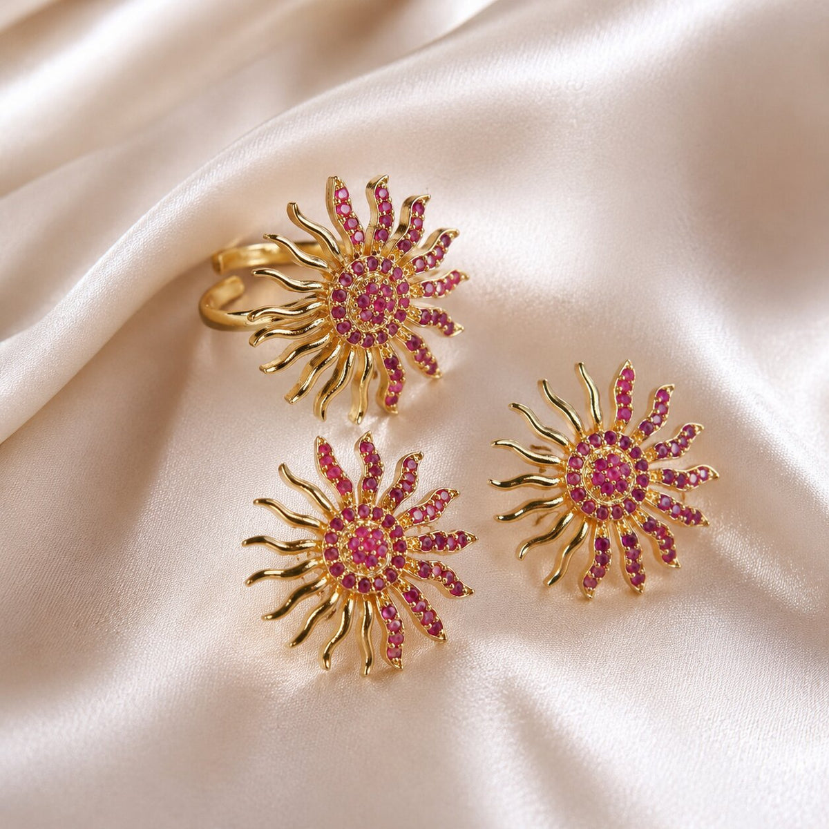 Gold Plated Sunburst American Diamond Jewelry Set (Pack of 2)