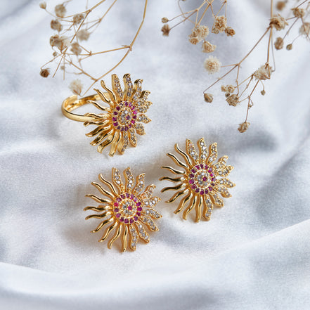 Gold Plated Sunburst American Diamond Jewelry Set (Pack of 2)