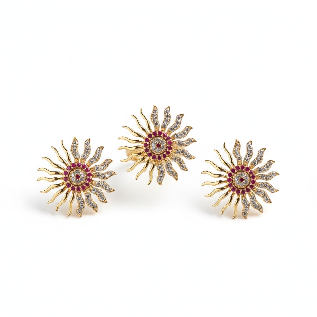 Gold Plated Sunburst American Diamond Jewelry Set (Pack of 2)