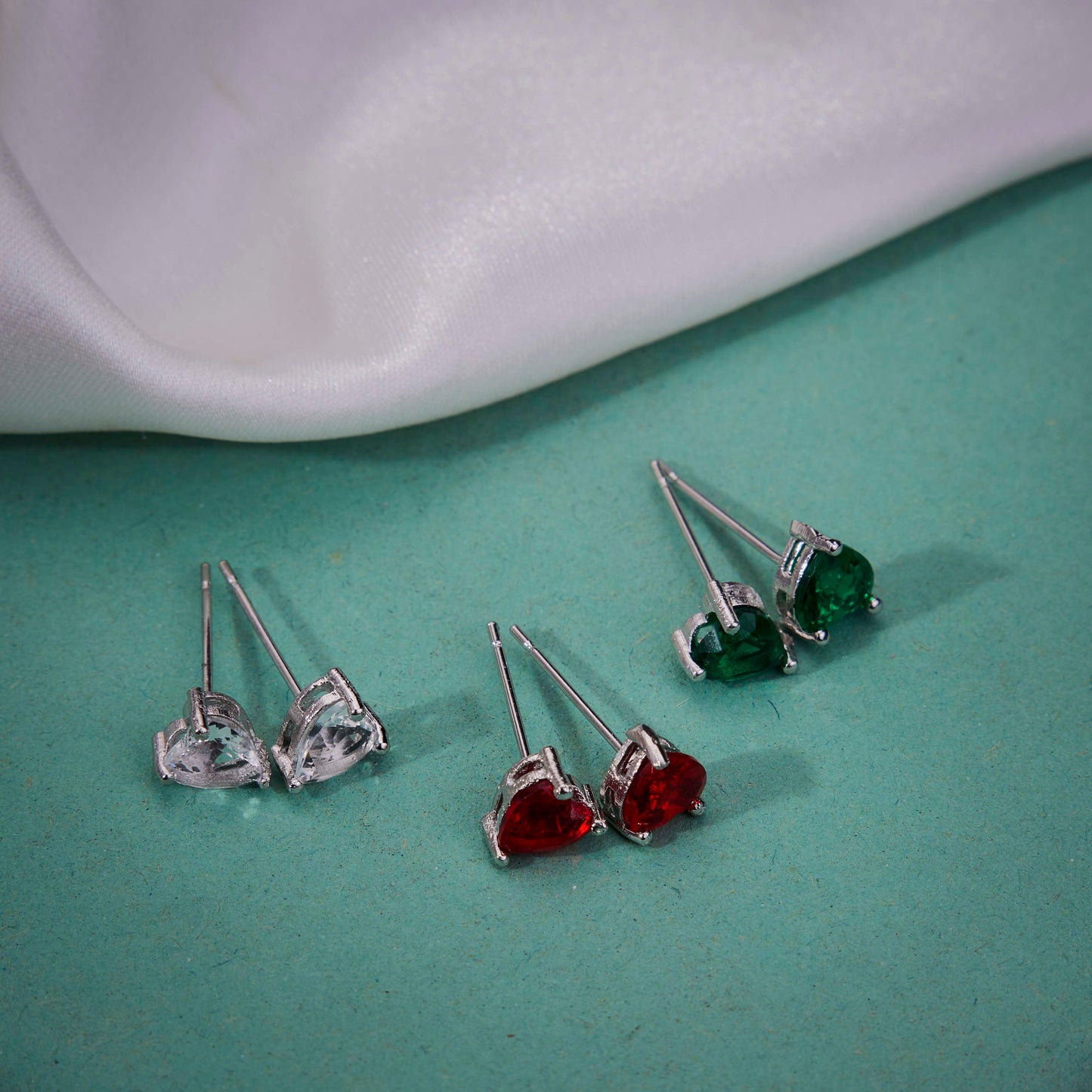 Crystal Heart Rhodium Plated Stud Earrings Set