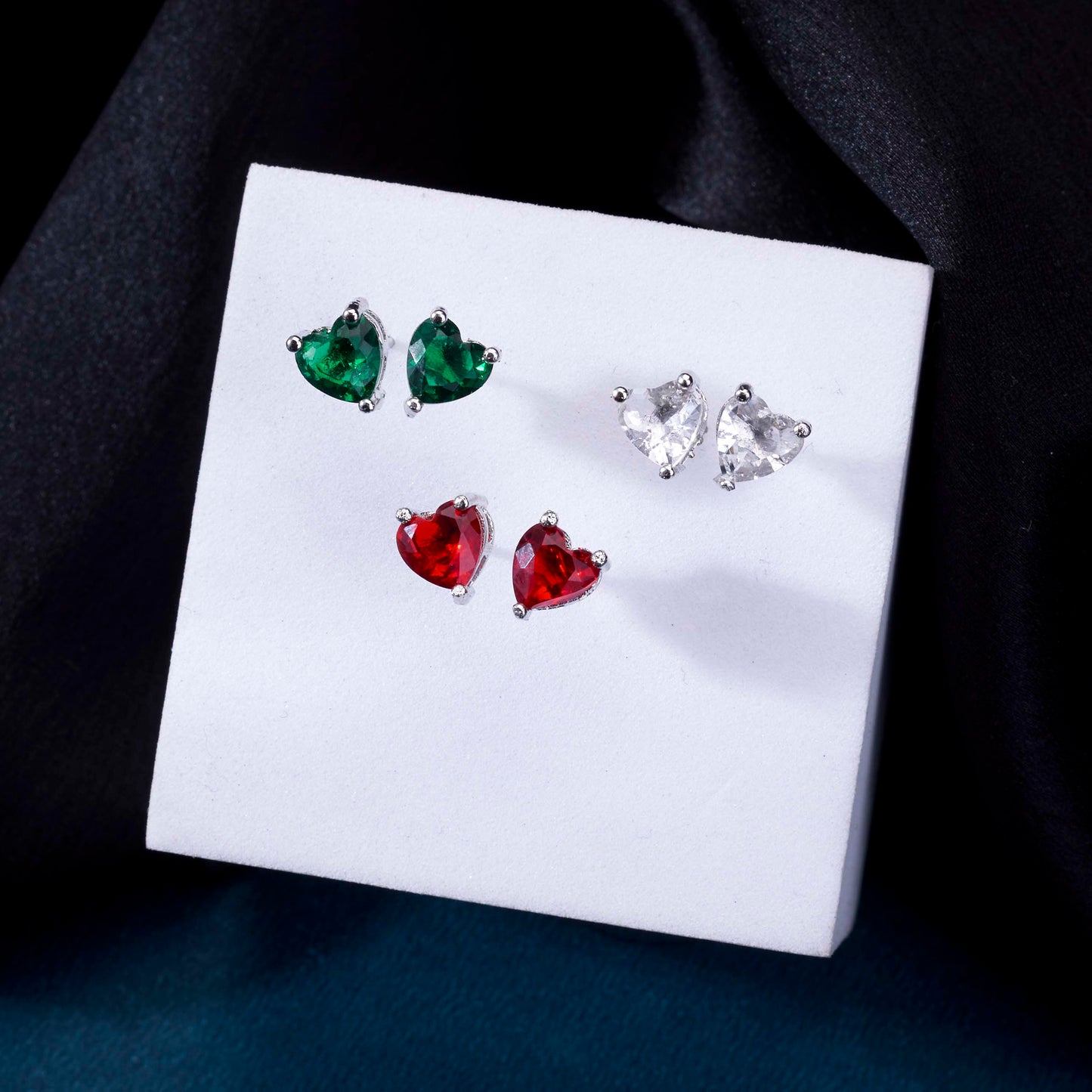 Crystal Heart Rhodium Plated Stud Earrings Set