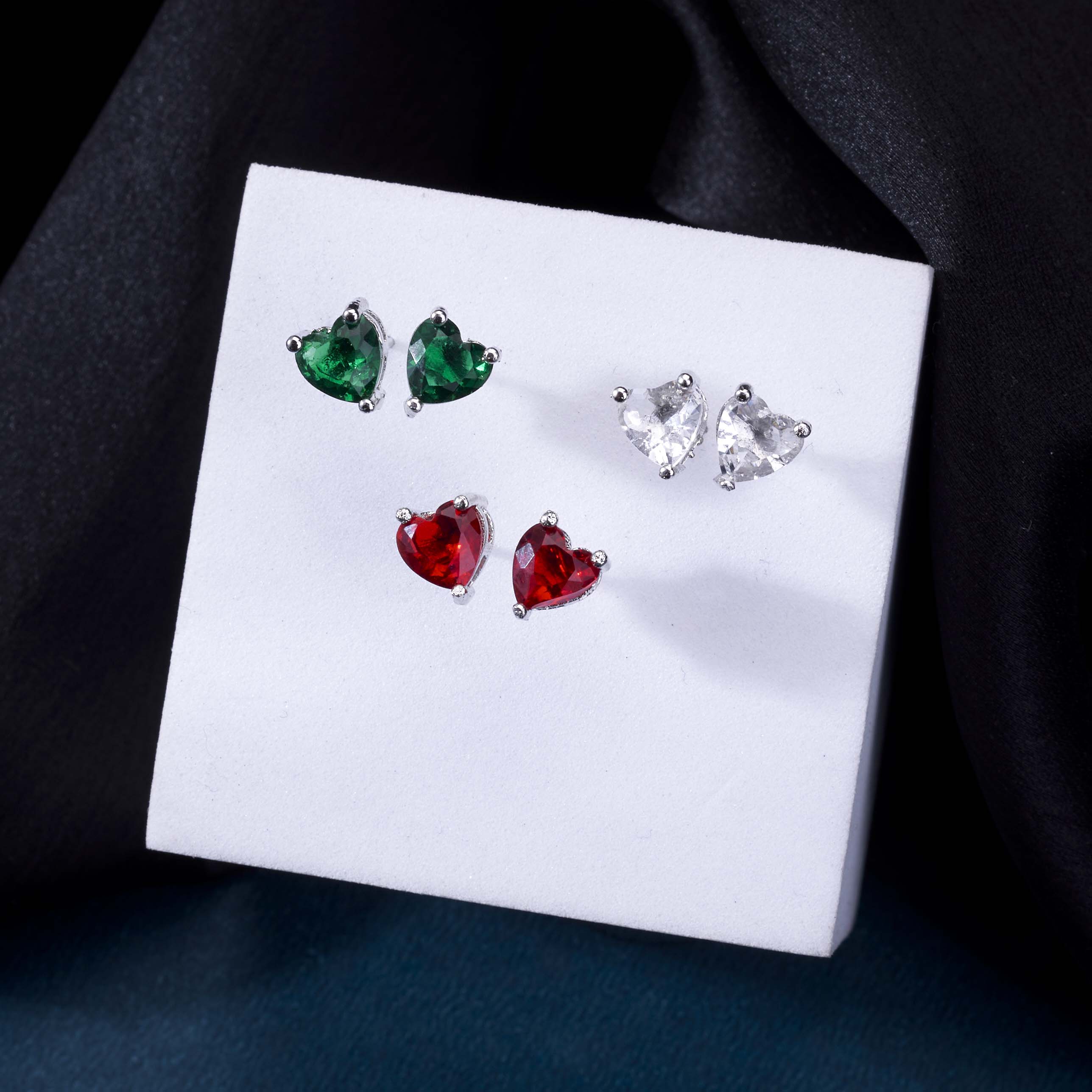Crystal Heart Rhodium Plated Stud Earrings Set