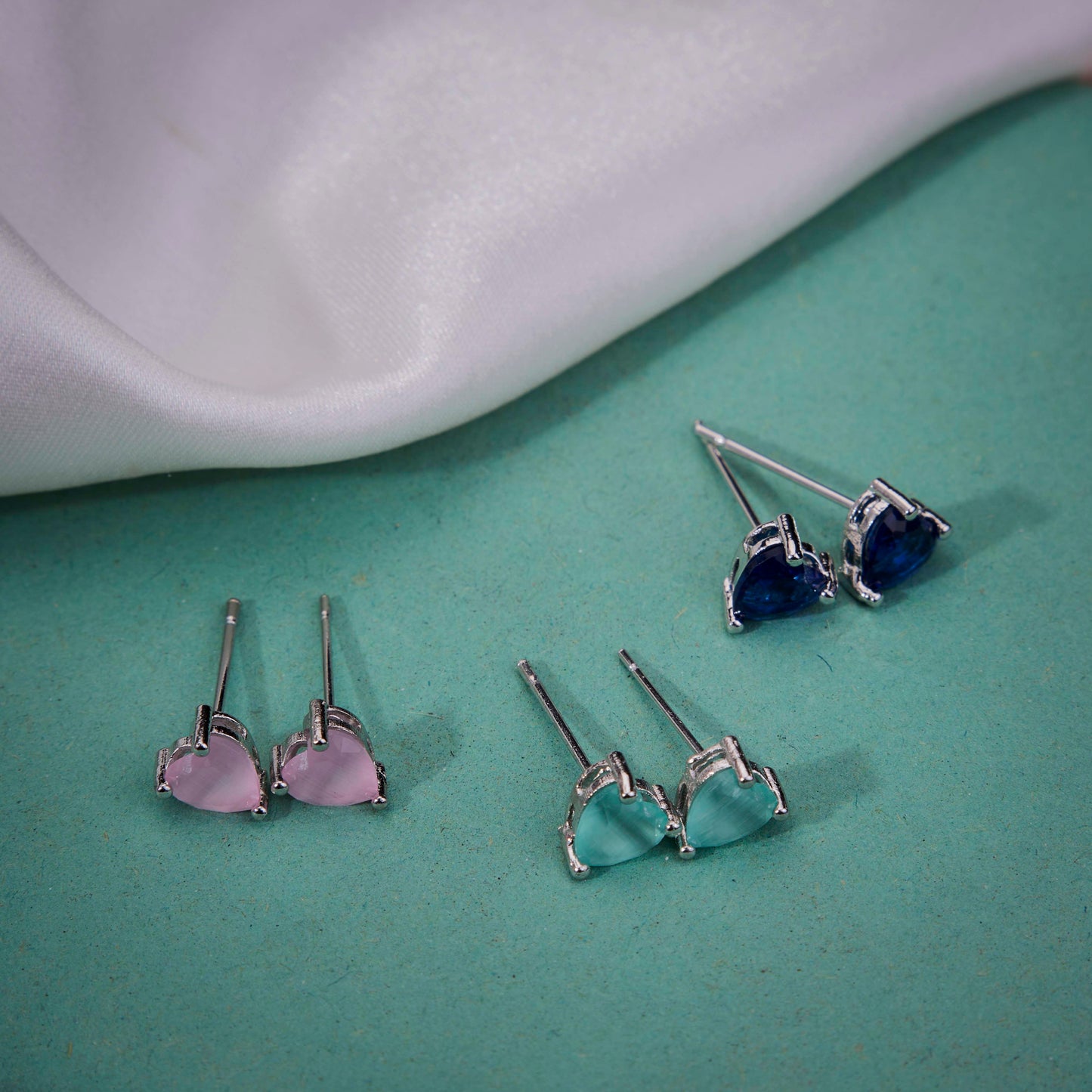 Crystal Heart Rhodium Plated Stud Earrings Set