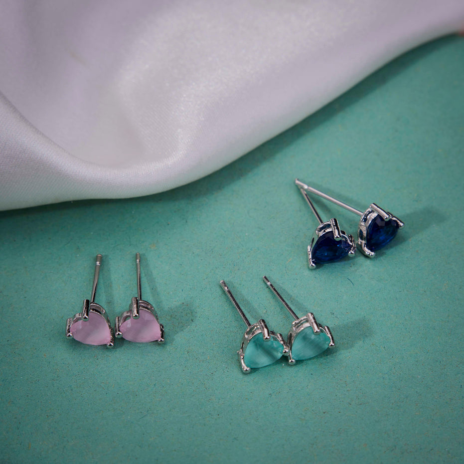 Crystal Heart Rhodium Plated Stud Earrings Set